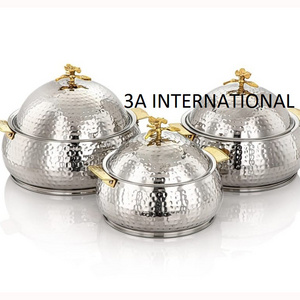 Hammered Design Serving Pot Silver Finishing Set of 3 Custom Shape Serving Pot For Dining Table Hotel Home Server Pot Hot Sale