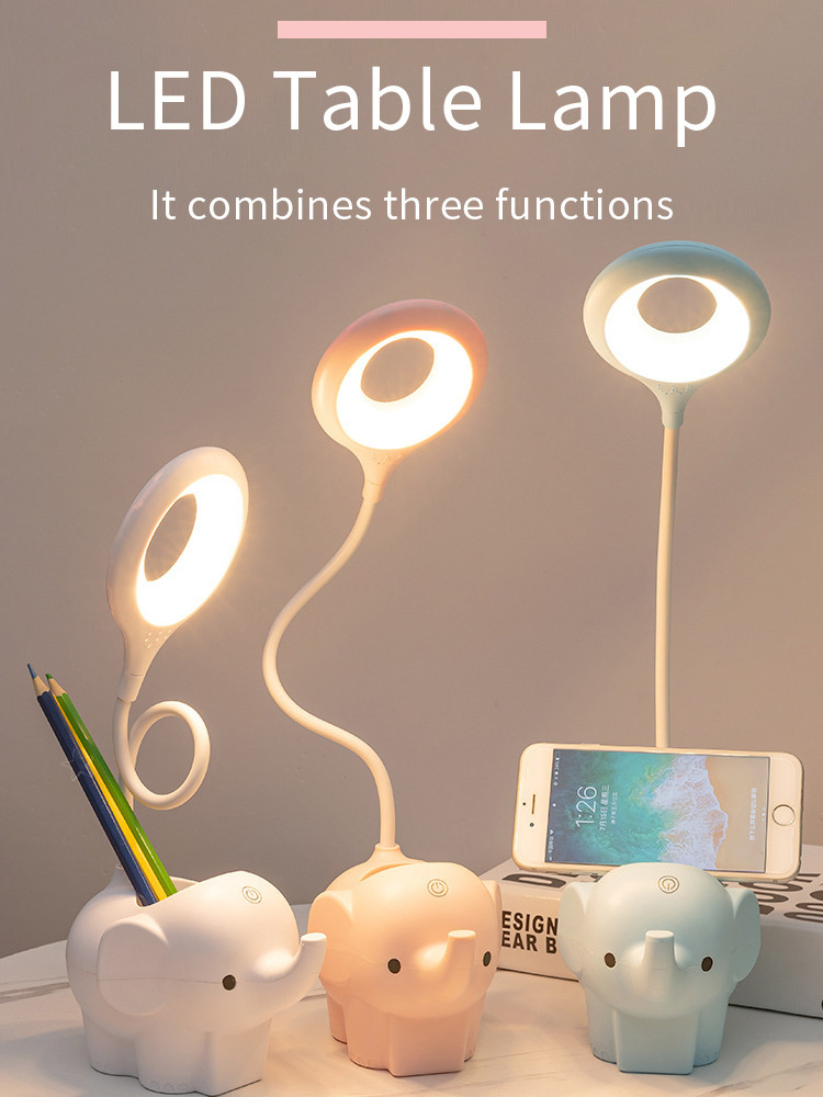 Cute Elephant LED Desk Lamp USB Rechargeable Study Reading Light Touch Control Dimming Table Night Lamp For Kids Bedside Office