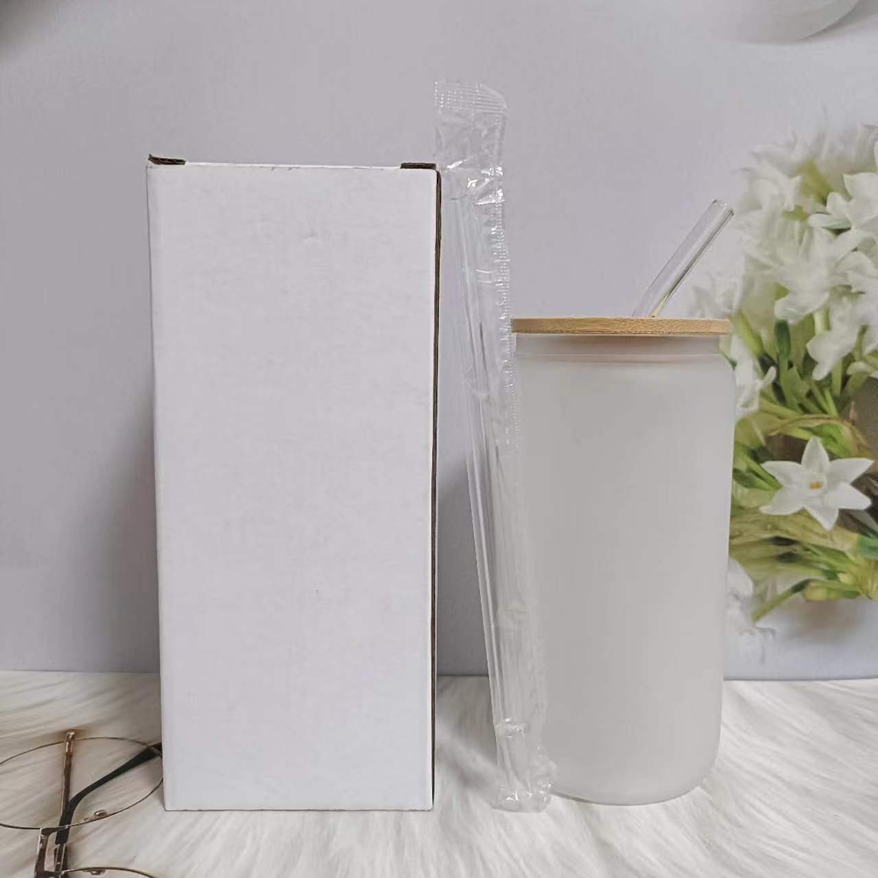 USA warehouse Free Shipping 25oz 18oz frosted glass sublimation cups with bamboo lid 16oz frosted glass sublimation tumbler