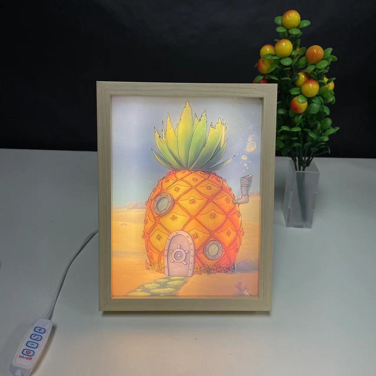 Pineapple style glowing led wood photo frame painting lamp removable black acrylic wall art pain light for home decor