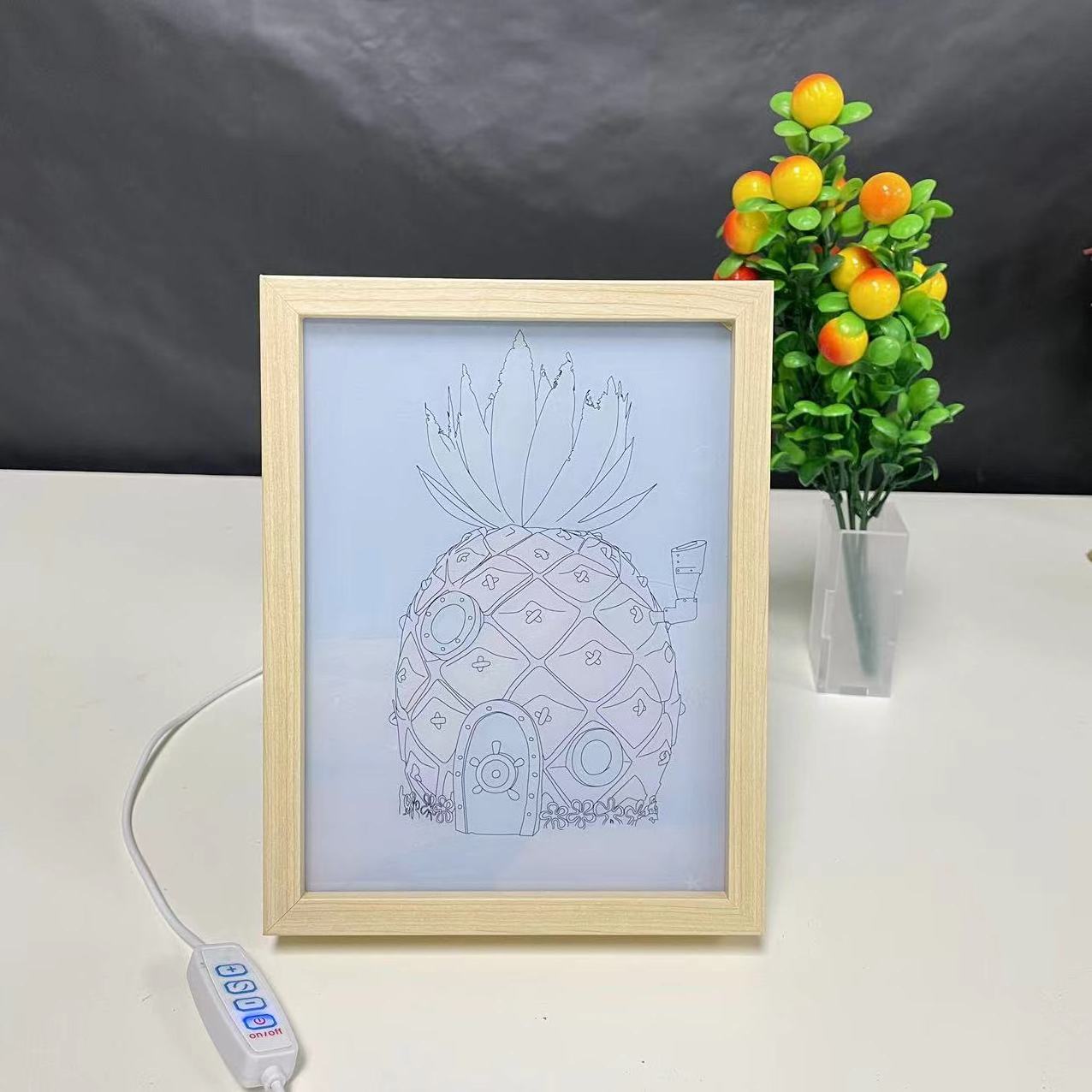 Pineapple style glowing led wood photo frame painting lamp removable black acrylic wall art pain light for home decor