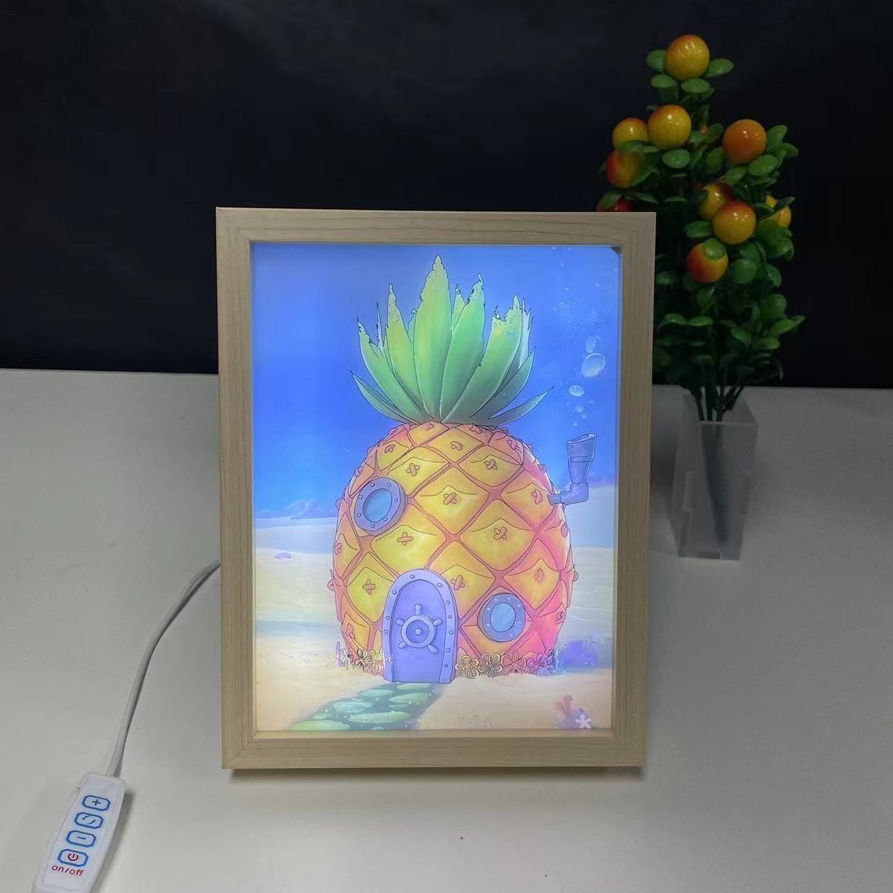 Pineapple style glowing led wood photo frame painting lamp removable black acrylic wall art pain light for home decor