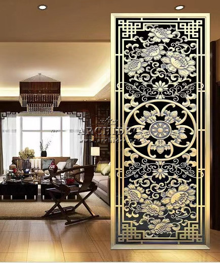 laser cut  aluminum stainless steel decorative room divider  partition  plated shining gold metal 3d flower screen wall  panels