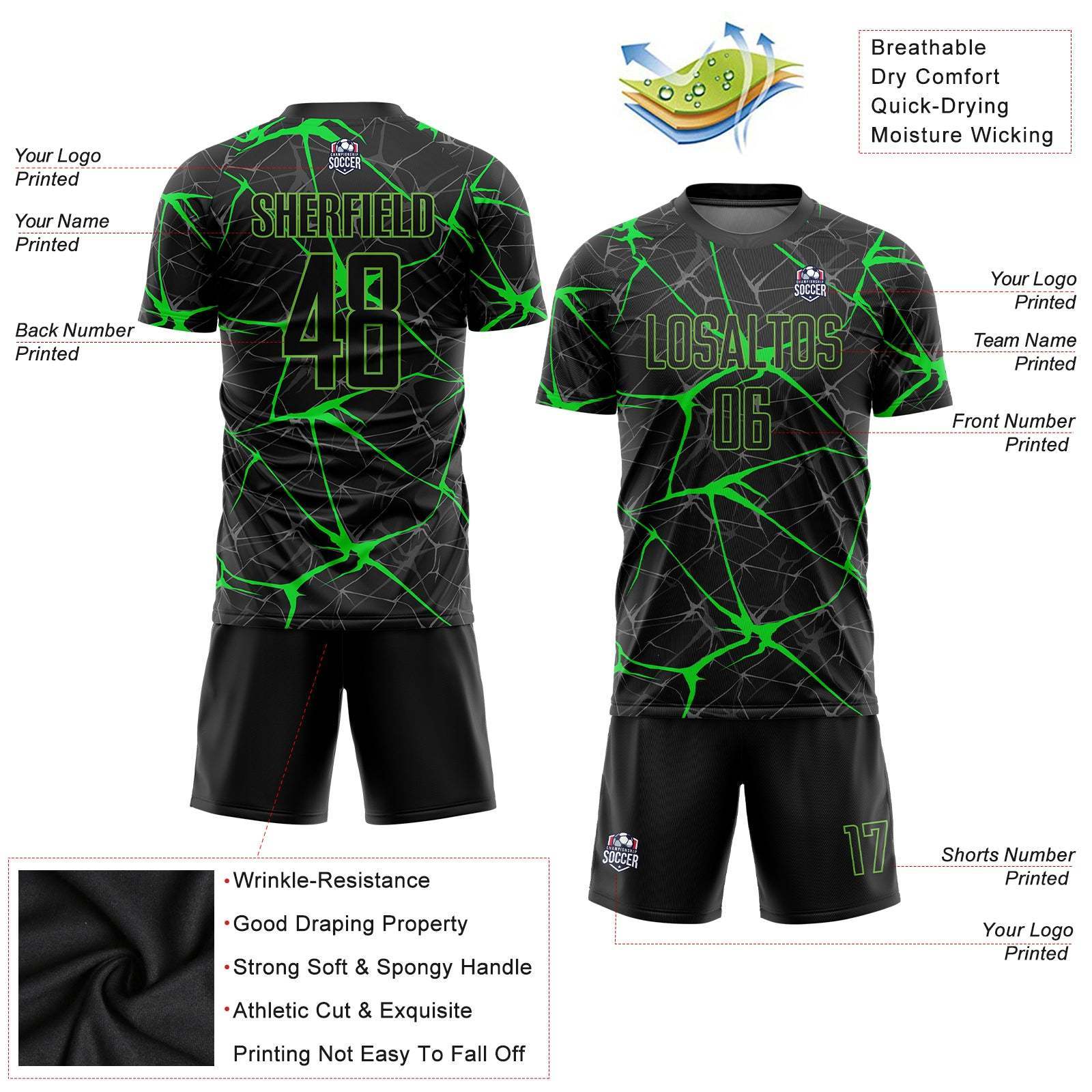 Custom Black Neon Green sublimation printed soccer jersey