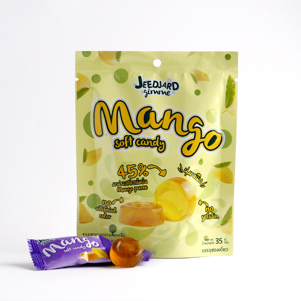 Jeedjard Gimme Mango Soft Candy 45% Puree 35gr Gummy Candy Sweet Fruity Flavor Bag Packaging Gold 12months Normal Piece