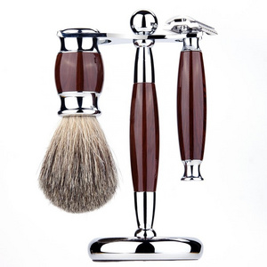 3 Pro Wood handle safety razor shaving brush badger hair set with stand holder