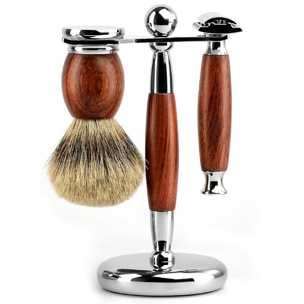 3 Pro Wood handle safety razor shaving brush badger hair set with stand holder