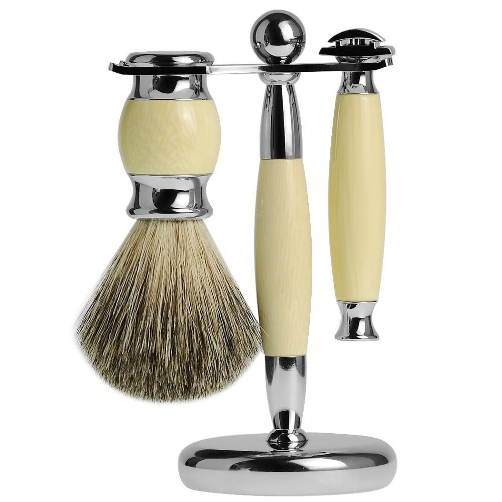 3 Pro Wood handle safety razor shaving brush badger hair set with stand holder