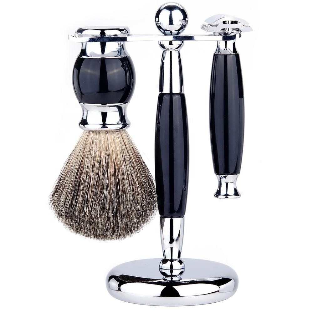 3 Pro Wood handle safety razor shaving brush badger hair set with stand holder