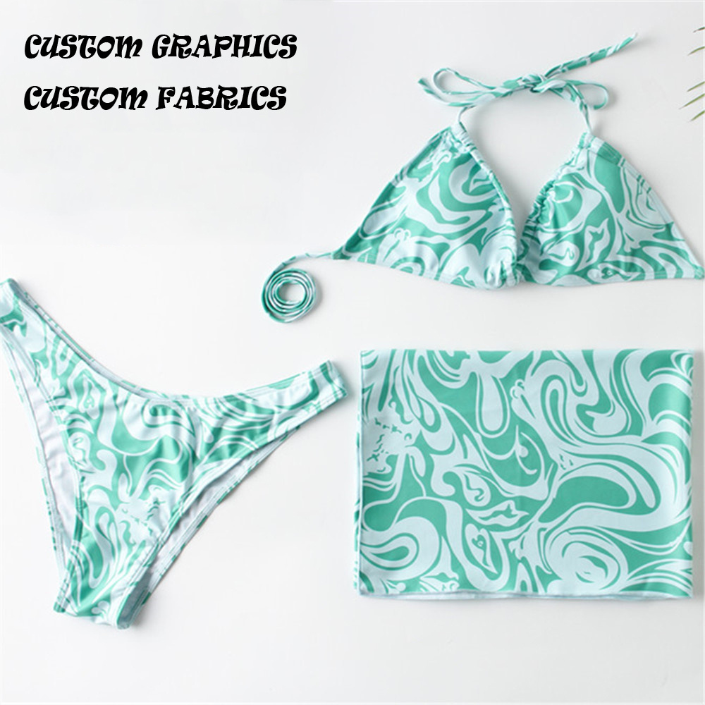 New Design Print Skirt Swimsuit Beachwear Sexy Halter Backless 3 Pieces Bikini Sets Women Cover Up Swimwear