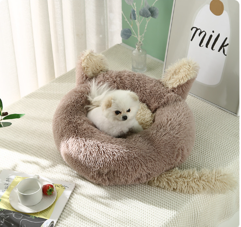 Long Faux Fur Pet bed Comfortable Waterproof Plush Donut Round Dog Bed Dropshipping Soft Washable Cat Bed Removable Pet Cushion