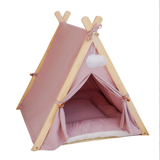 2024 Foldable Cotton Wood Linen Cave Bed Dog Cat Tipi House Pet bed With Removable Canopy Shade Tent