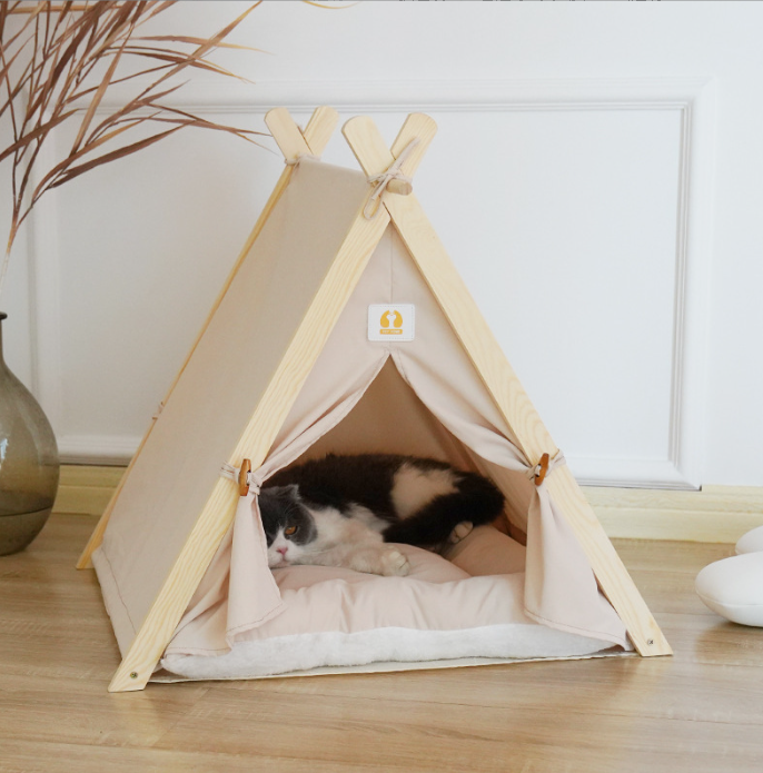 2024 Foldable Cotton Wood Linen Cave Bed Dog Cat Tipi House Pet bed With Removable Canopy Shade Tent