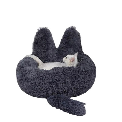 Amazon Hot Selling Anti-Slip Round Donut Dog Bed Plush Anti Anxiety Fluffy Washable Calming Cat Bed with Ear and Tail