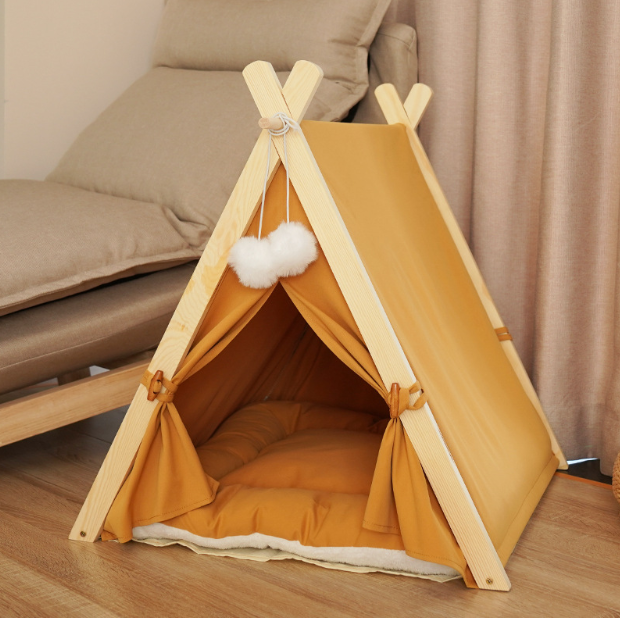 2024 Foldable Cotton Wood Linen Cave Bed Dog Cat Tipi House Pet bed With Removable Canopy Shade Tent