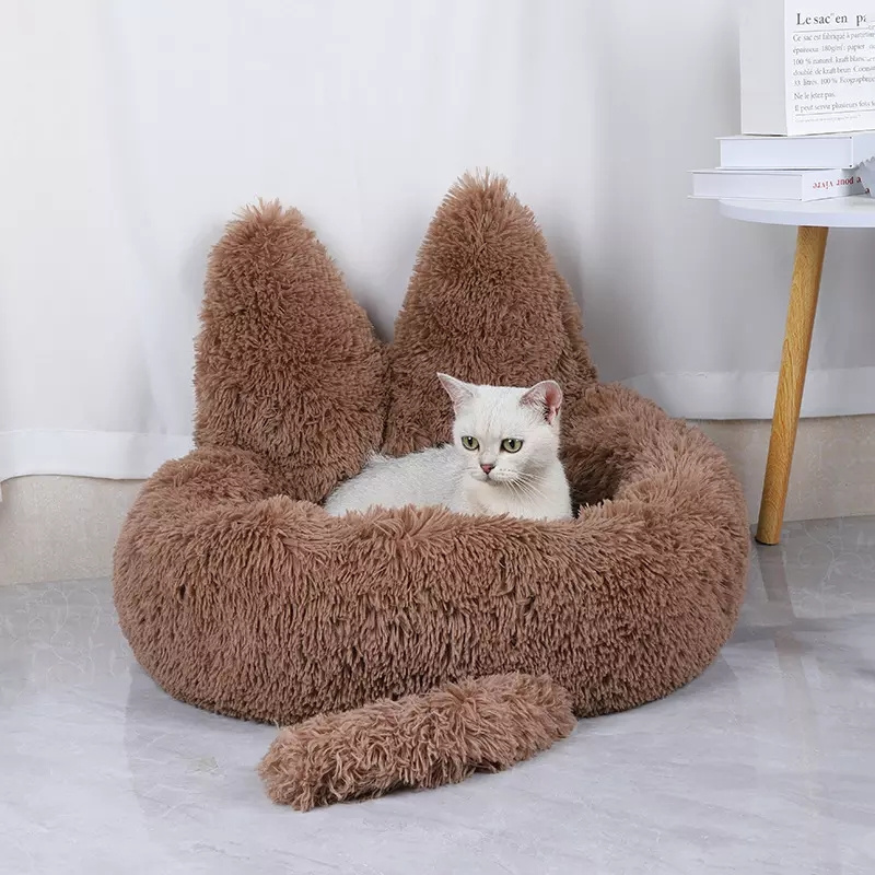 Amazon Hot Selling Anti-Slip Round Donut Dog Bed Plush Anti Anxiety Fluffy Washable Calming Cat Bed with Ear and Tail