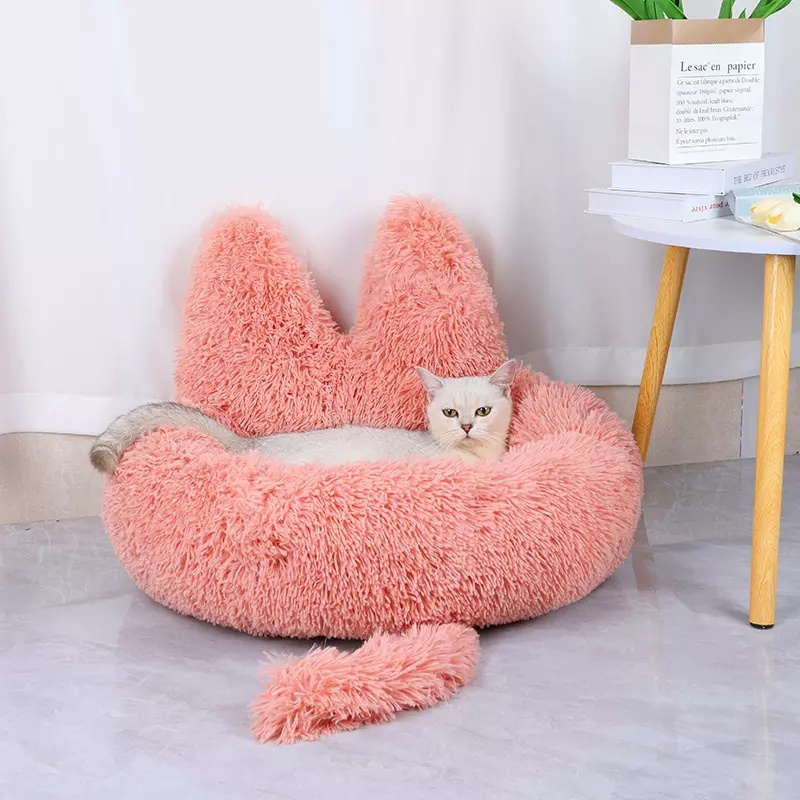 Amazon Hot Selling Anti-Slip Round Donut Dog Bed Plush Anti Anxiety Fluffy Washable Calming Cat Bed with Ear and Tail