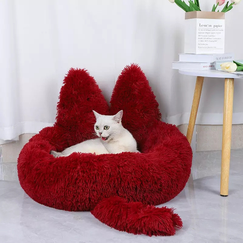 Amazon Hot Selling Anti-Slip Round Donut Dog Bed Plush Anti Anxiety Fluffy Washable Calming Cat Bed with Ear and Tail