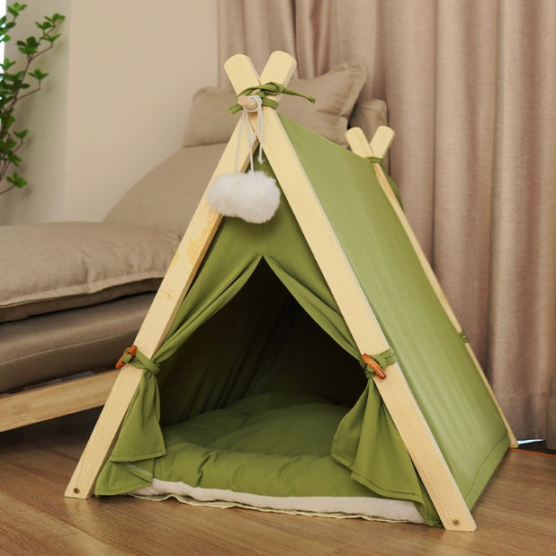 2024 Foldable Cotton Wood Linen Cave Bed Dog Cat Tipi House Pet bed With Removable Canopy Shade Tent