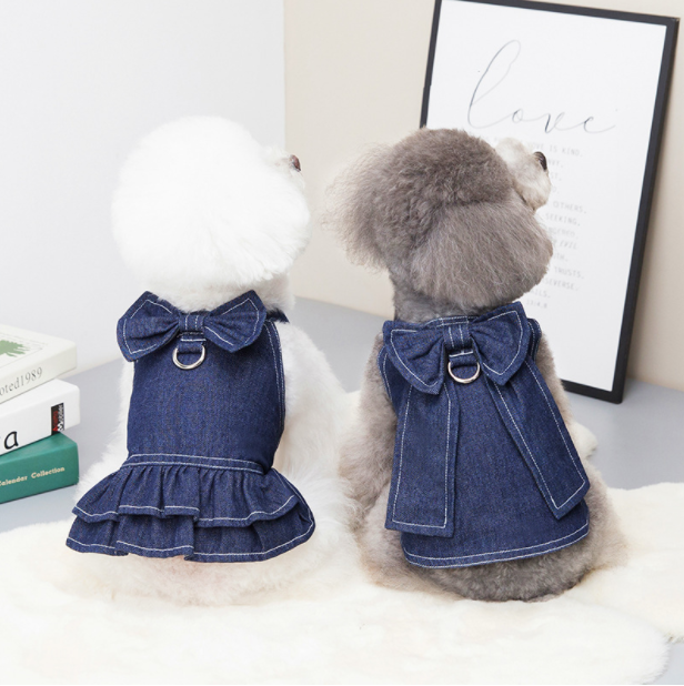 Spring and summer puppy costume large bow tie denim suit hanging lead rope Pomeranian thin dog pet clothes