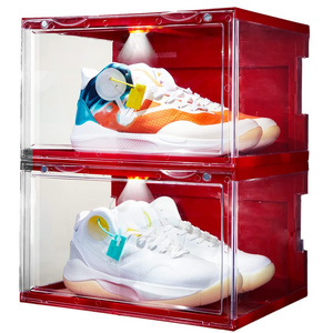 LED Sneakers Stackable Plastic Collection Storage Containers Magnetic Open Shoe Organizer Clear Acrylic Shoe Display Cases