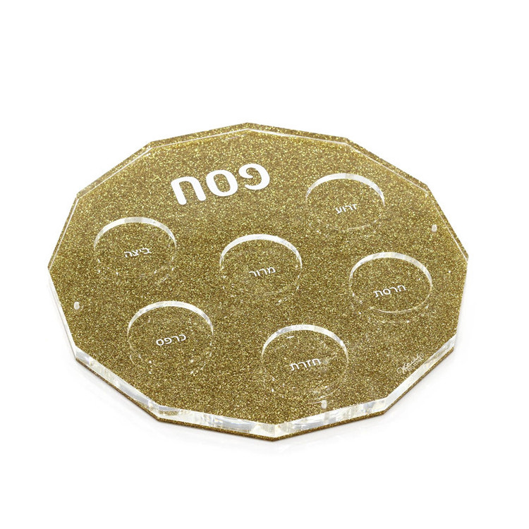 Gold Glitter Round Shaped Acrylic Food Tray Judaica Lucite Pesach Seder Plate Acrylic Passover Seder Plate with Hebrew Words