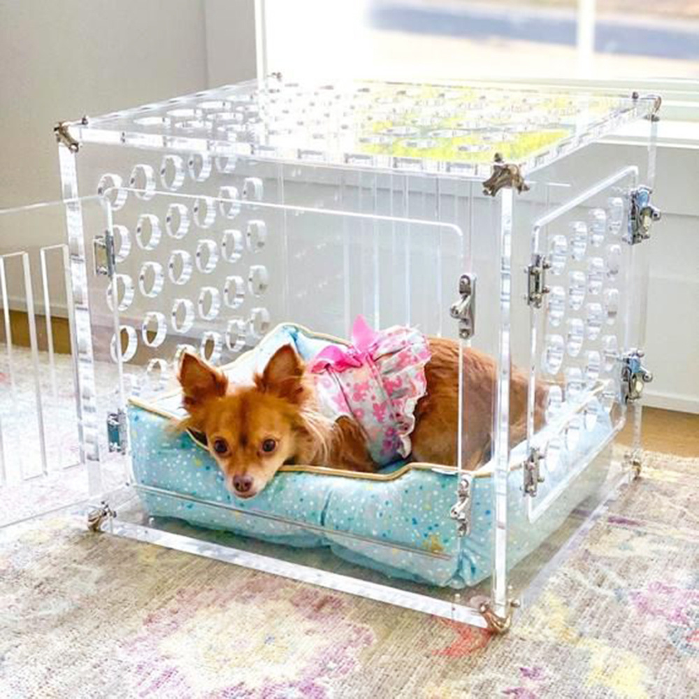 air permeable clear acrylic dog house customized Plexi pet kennel lucite pet crate to gate