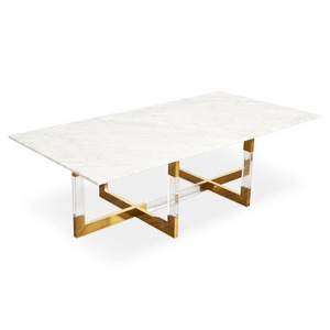 Gold Brass Leg Support Square Acrylic Tables Plexiglass Coffee Table with Marble Top