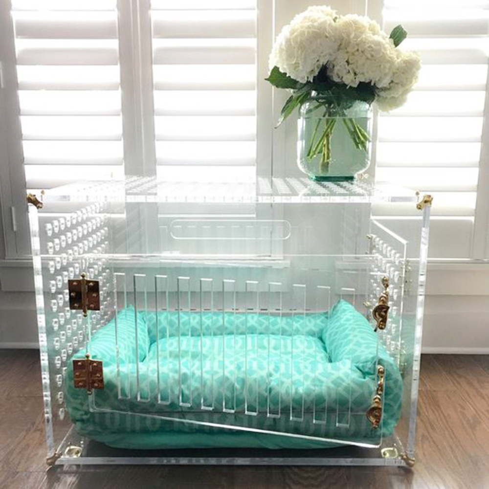 large clear modern dog crate to gate acrylic lucite pet kennel