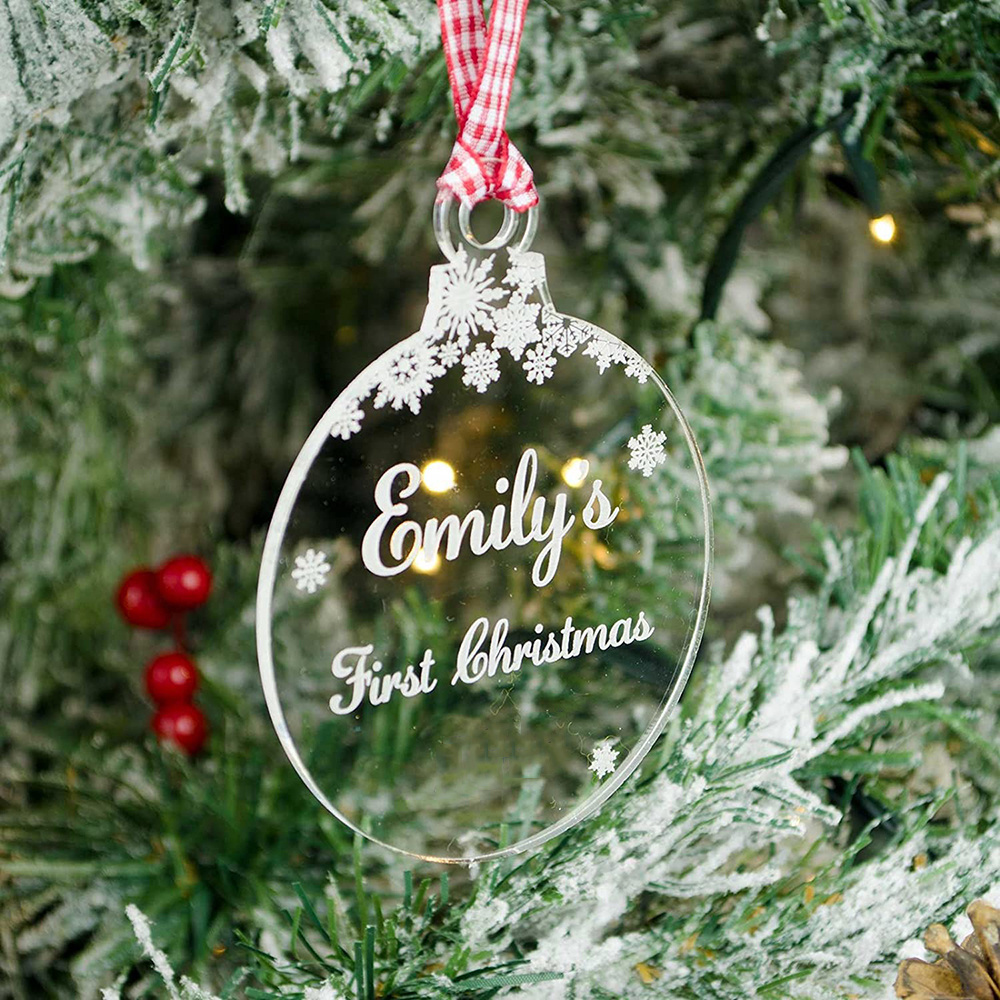 personalised Xmas tree decoration clear acrylic bauble 3mm thick round plexiglass Christmas ornament with engraved name