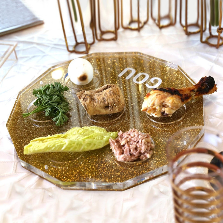 Gold Glitter Round Shaped Acrylic Food Tray Judaica Lucite Pesach Seder Plate Acrylic Passover Seder Plate with Hebrew Words