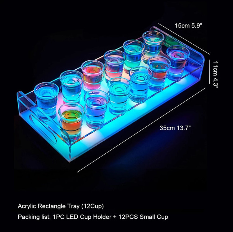 LED Luminous Rechargeable Cup Holder Acrylic Lighted 12 Glasses Cocktail Display Stand VIP Nightclub Shot Glass Service  Tray