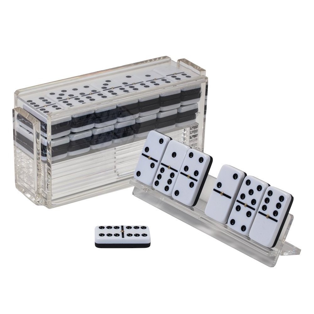 Melamine Custom Modern Double 6 Premium Game for Easy Playing Clear Acrylic Dominoes Set Smoke with 4 Domino Trays and Racks