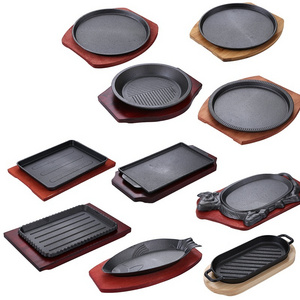 SJP090-1 Cast Iron Cookware frying pan skillet  Cooking steak plate cast iron grill pan sizzling hot plate with wooden base