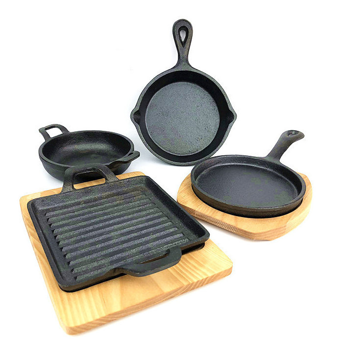 SJP090-1 Cast Iron Cookware frying pan skillet  Cooking steak plate cast iron grill pan sizzling hot plate with wooden base