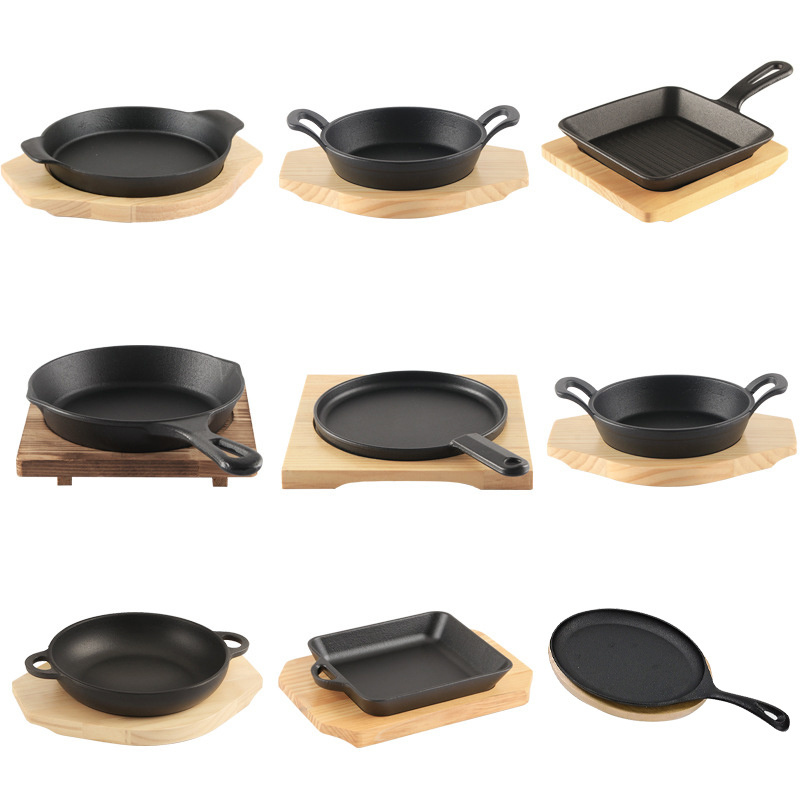 SJP090-1 Cast Iron Cookware frying pan skillet  Cooking steak plate cast iron grill pan sizzling hot plate with wooden base