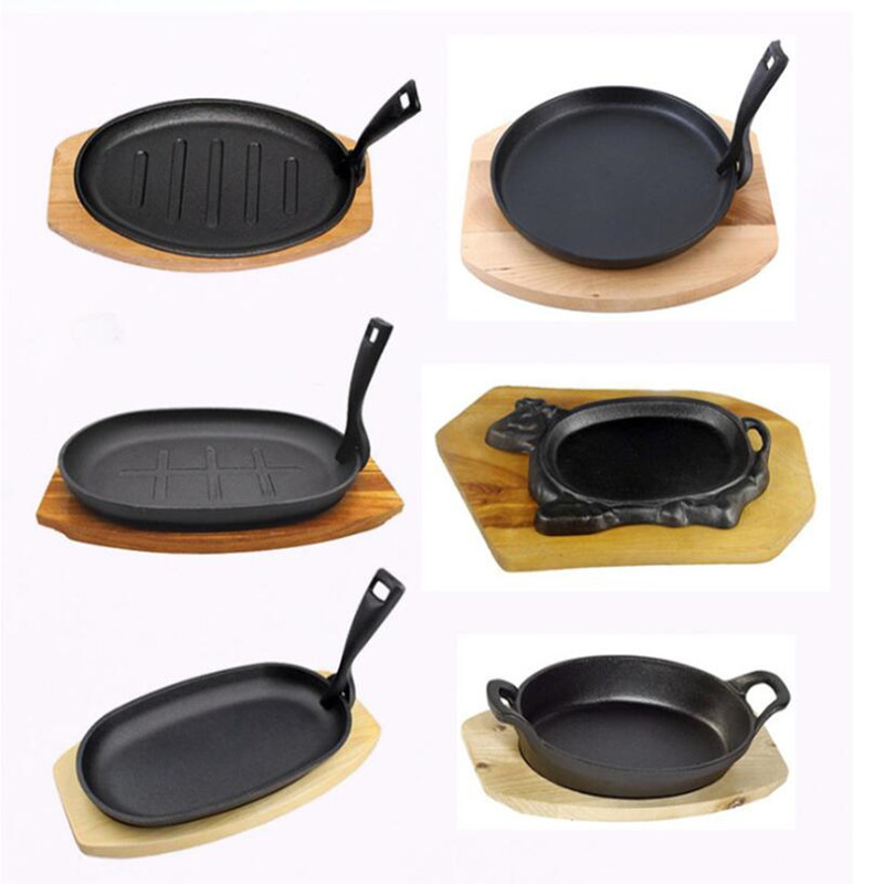 SJP090-1 Cast Iron Cookware frying pan skillet  Cooking steak plate cast iron grill pan sizzling hot plate with wooden base