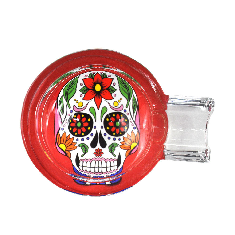 Custom Pocket Glass Printed Smoking Colored Round Cigar Car Skull Ashtray Stand