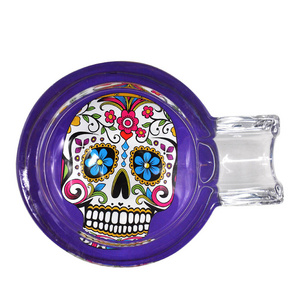 Custom Pocket Glass Printed Smoking Colored Round Cigar Car Skull Ashtray Stand