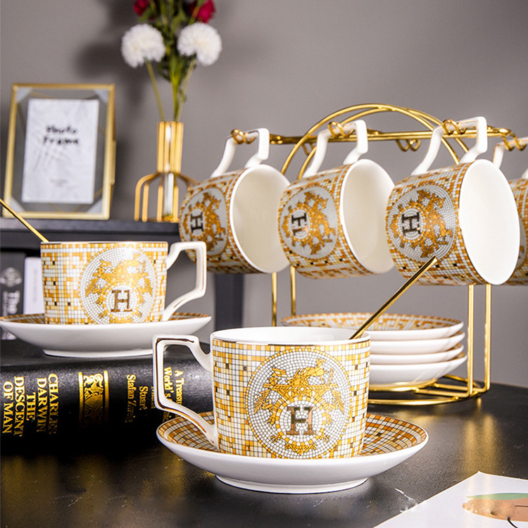 Hot Sale Modern Restaurant Luxury Bone China Coffee Cup With Saucer Ceramic Gold Tea Cup Sets