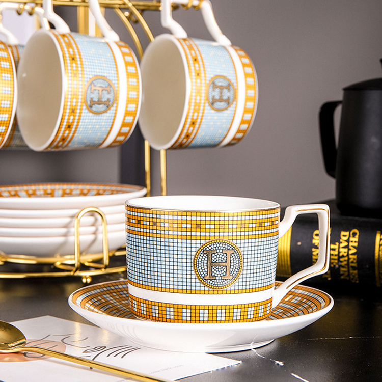 Hot Sale Modern Restaurant Luxury Bone China Coffee Cup With Saucer Ceramic Gold Tea Cup Sets