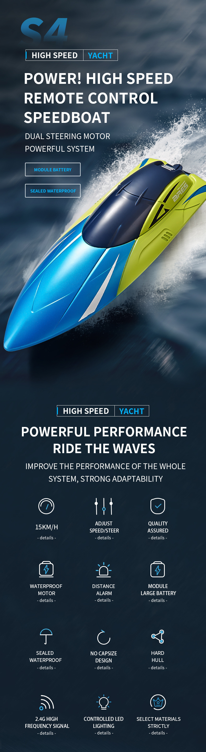 S4 Mini Remote Control Boats 15km/h Highspeed Double Propollers Water Sensing Race Speedboat Rechargeable Toys 2.4GHz RC Boat