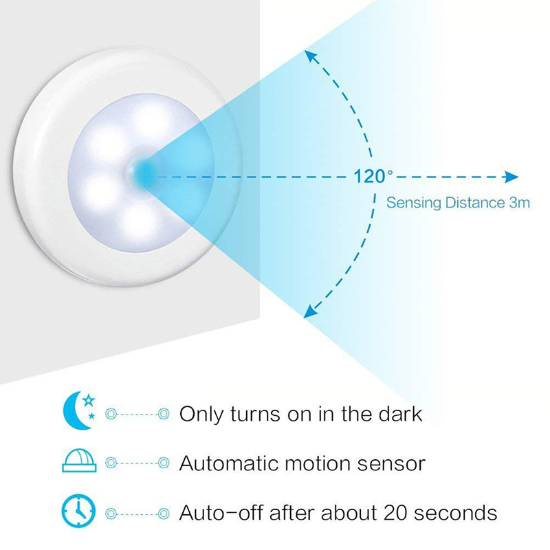 6 Led Night Light Automatic On/Off Stick-on Anywhere Battery Operated Cordless LED Motion Sensor Light Cabinet lamp