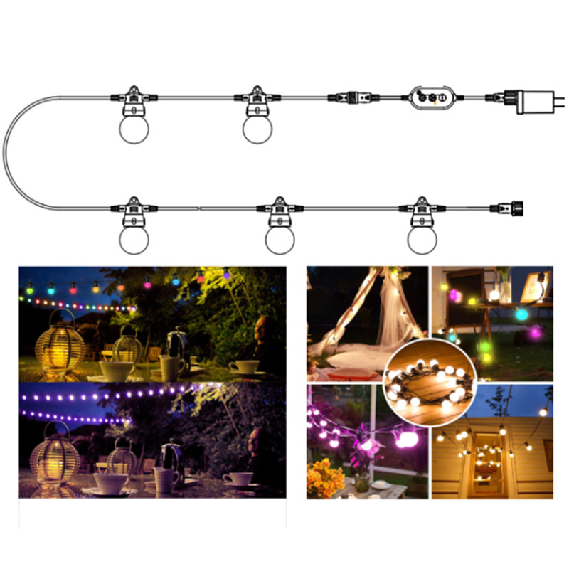 Smart RGB App RF433 Control 10W 15M/49FT RGBWIC LED Bulbs String Light LED Patio Lights for Backyard Outdoor Lights