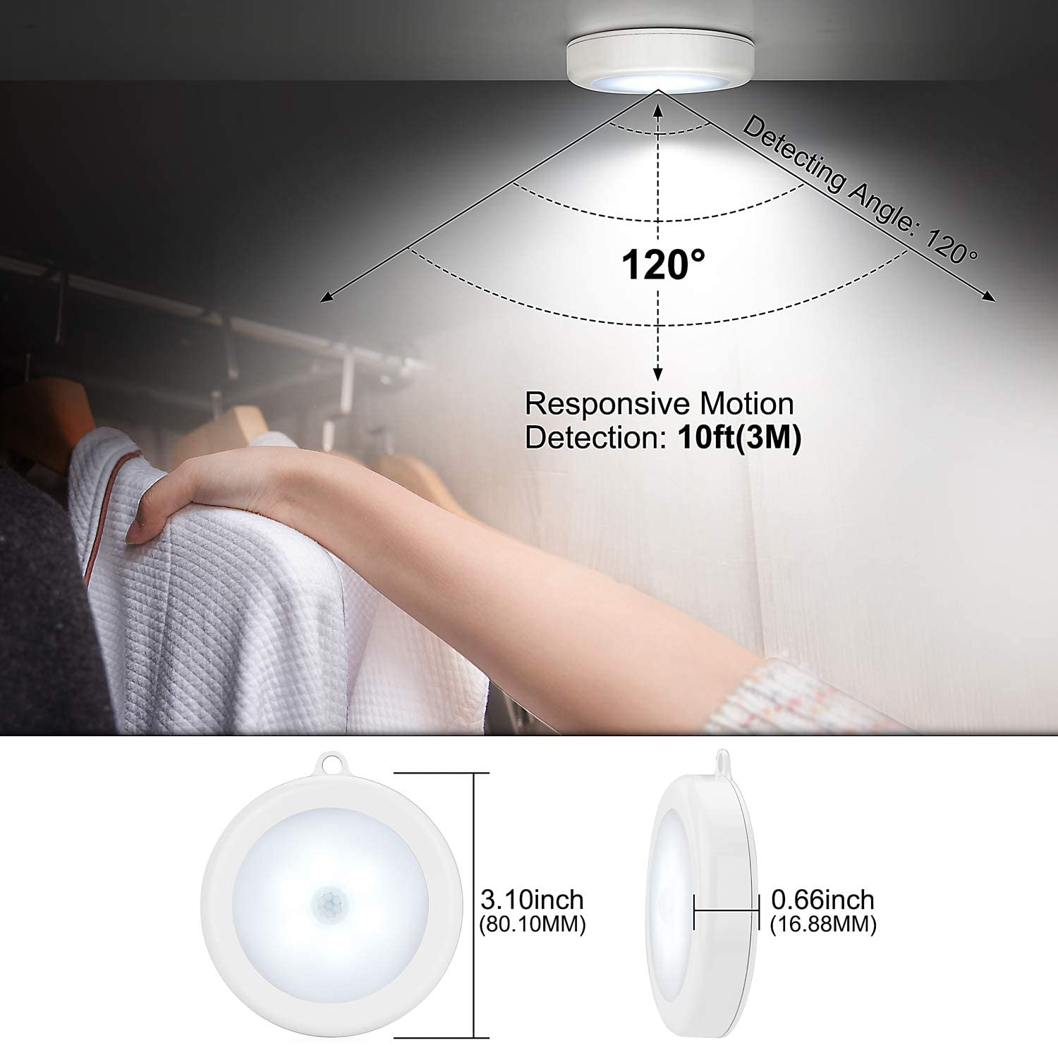 Super Bright Led Motion Sensor Lights Cordless Battery Powered Motion Sensing Closet Nightlight