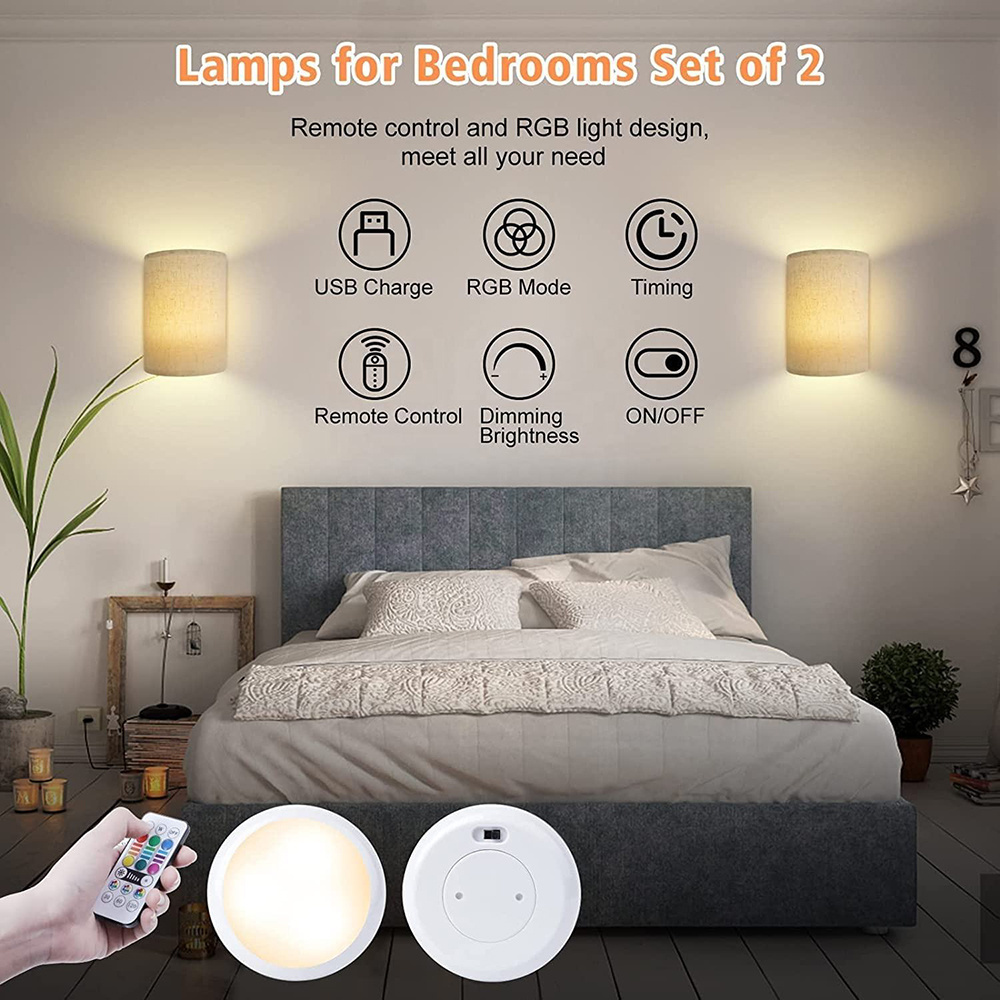 Battery Rechargeable Colours Changeable Dimmable Wall Lights Fixtures With Remote Control Fabric Height Wall Lamp Sconces