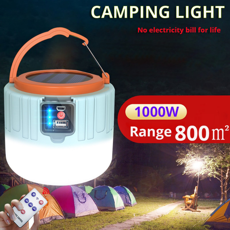 1000 Watts Bulb Portable Emergency Lamp Solar Bombillas Rechargeable Work Repair Light BBQ Led Camping Lantern With Remote Cont