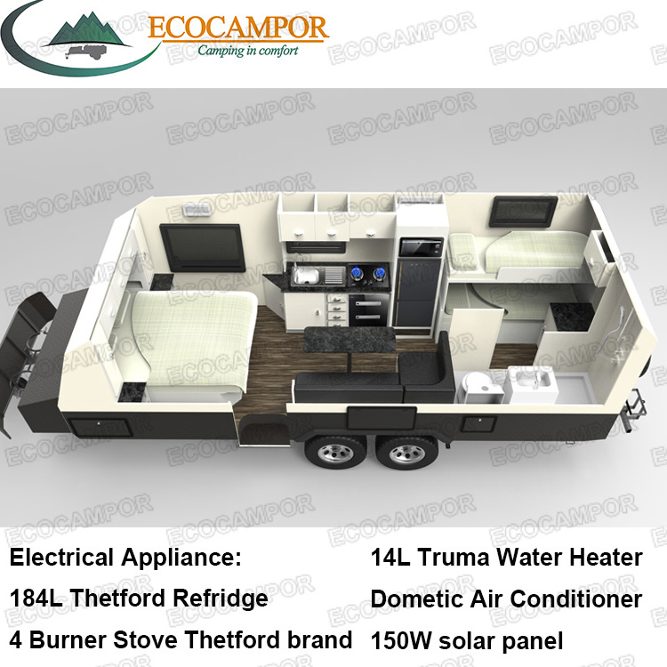 EcoCampor Luxury Aluminum RV Base Camp Holiday Silver Travel Trailer PVC Outsole Caravan with Luxury Kitchen for Sale