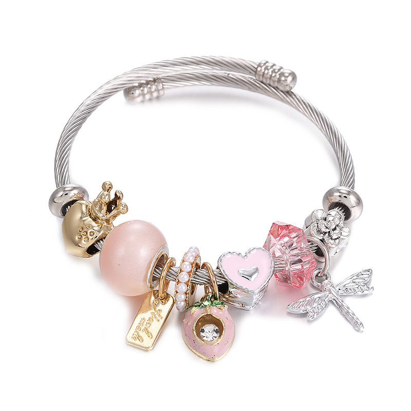 Stainless Steel DIY Gold Eight Stars Pink Love Crown Pony Beads Charm Bracelet