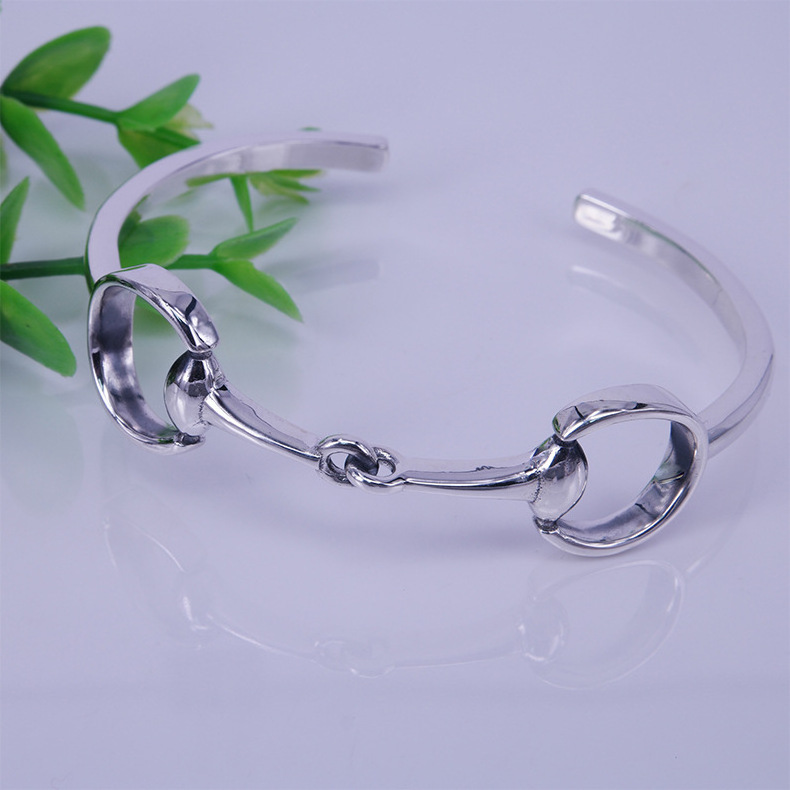 S925 Sterling Silver Stirrup Bangle Bracelet, Horse Saddle Equestrian Double Bit Snaffle Cuff Bracelet